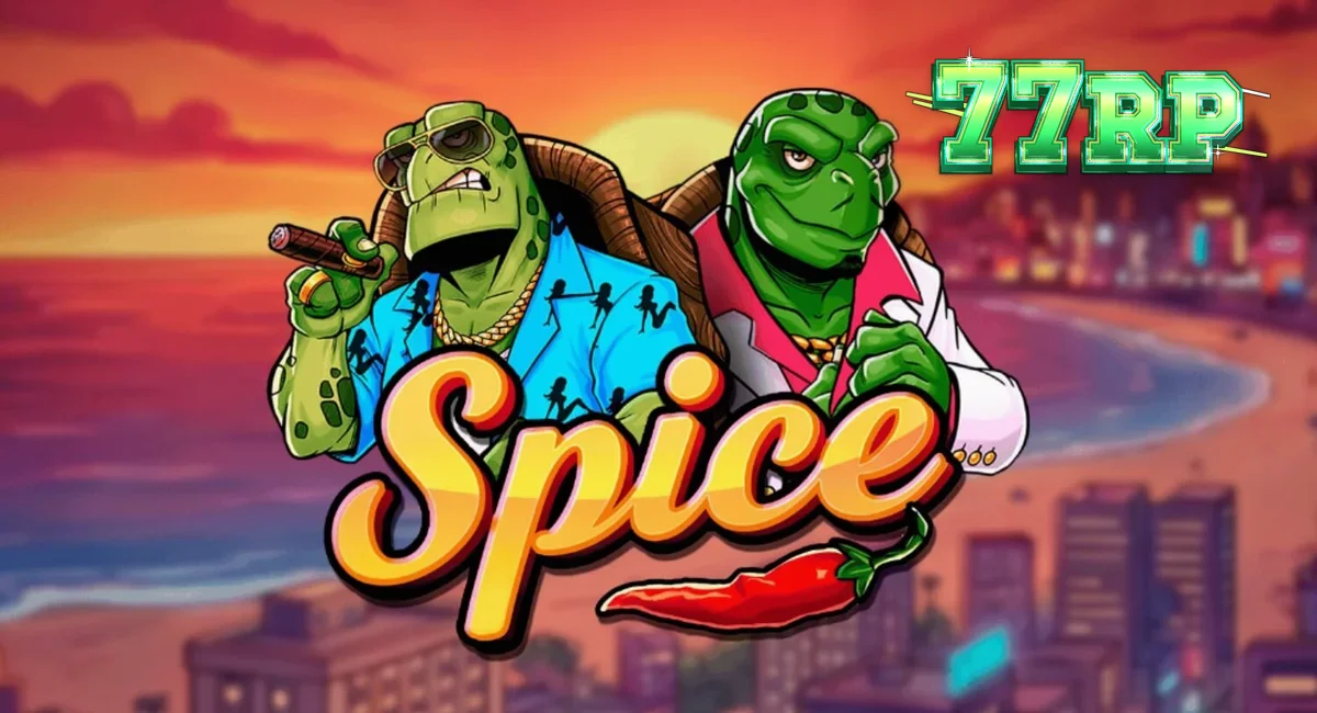 Tampilan visual slot Spice dengan tema kura-kura dan estetika neon
